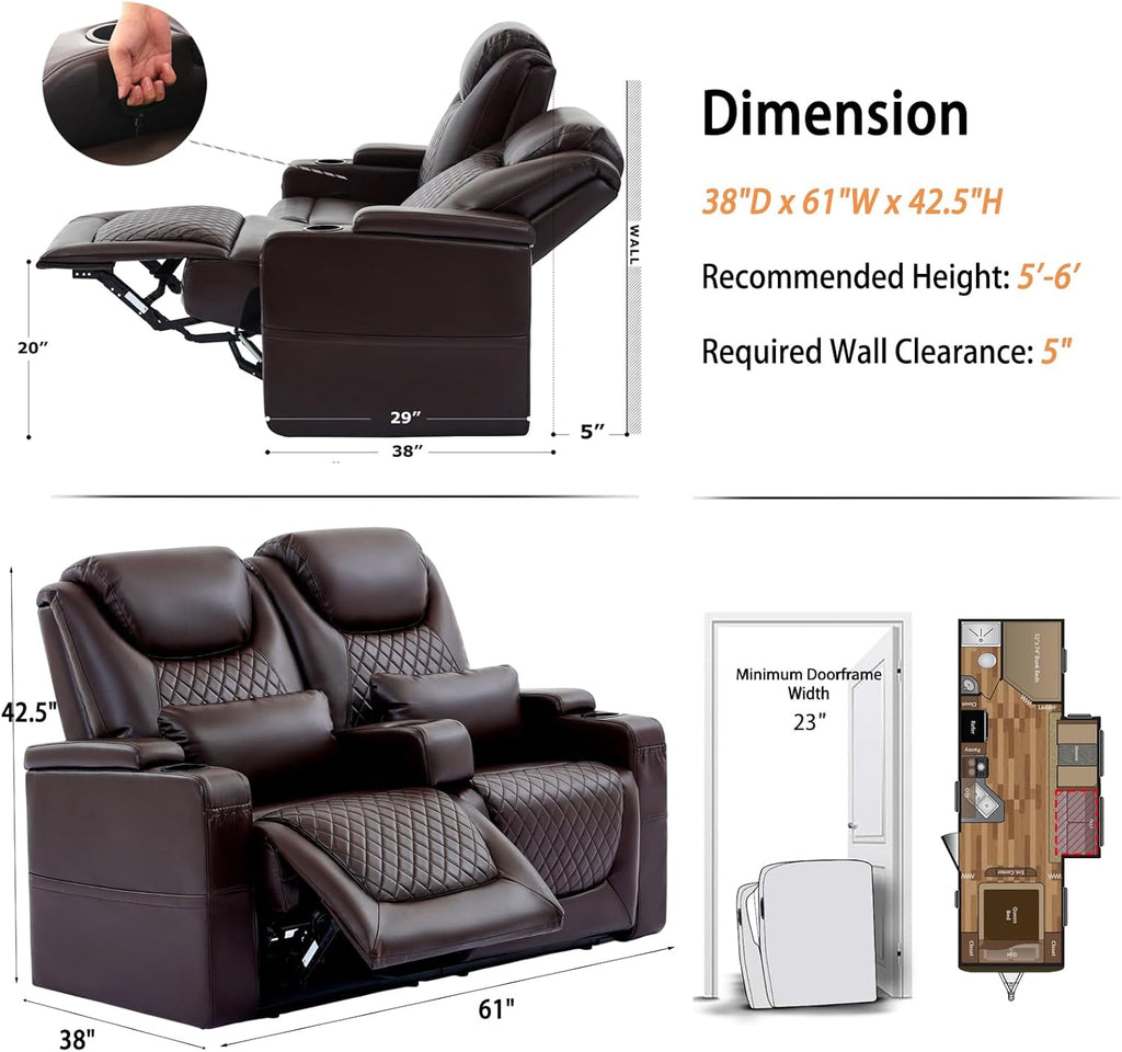 61" RV Loveseat Recliner Sofa, Home Theater Seating with 3 Arms and 2 Pillows, Wall Hugger Recliners & 138° Reclining Couch (Brown PU Leather Furniture)