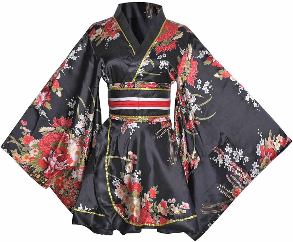 HUAHUA Women's Sexy Short Kimono Dress Floral Print Japanese Traditional Geisha Robe Bathrobe Skirt Belt Outfit