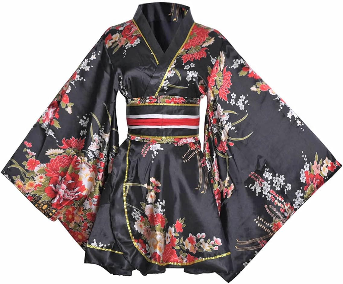 HUAHUA Women's Sexy Short Kimono Dress Floral Print Japanese Traditional Geisha Robe Bathrobe Skirt Belt Outfit