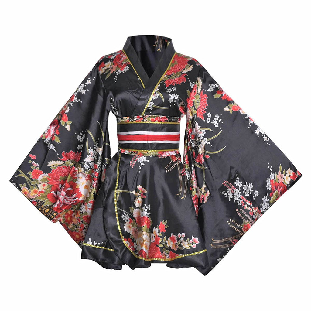 HUAHUA Women's Sexy Short Kimono Dress Floral Print Japanese Traditional Geisha Robe Bathrobe Skirt Belt Outfit