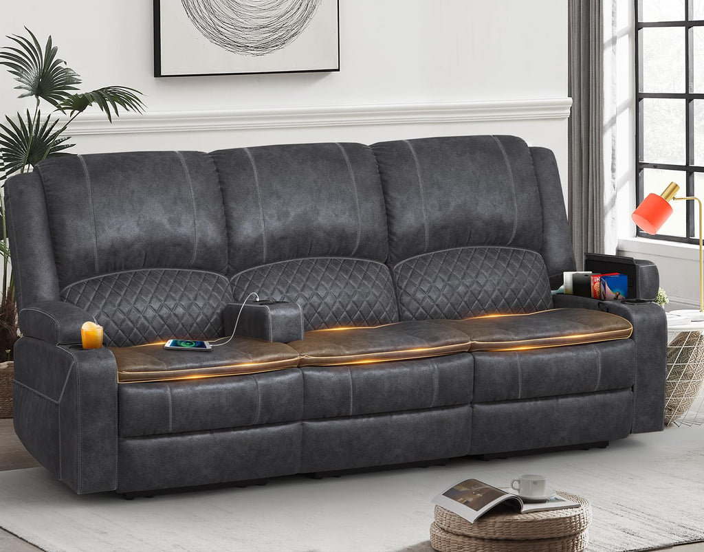 3 Seater Recliner Sofa Set with 2-Tier Cushion, 3+1 Pieces in Living Room, 3 Seater Reclining Couch Leather with Removable Console, 1 Oversize Recliner Chair Sofa Seat