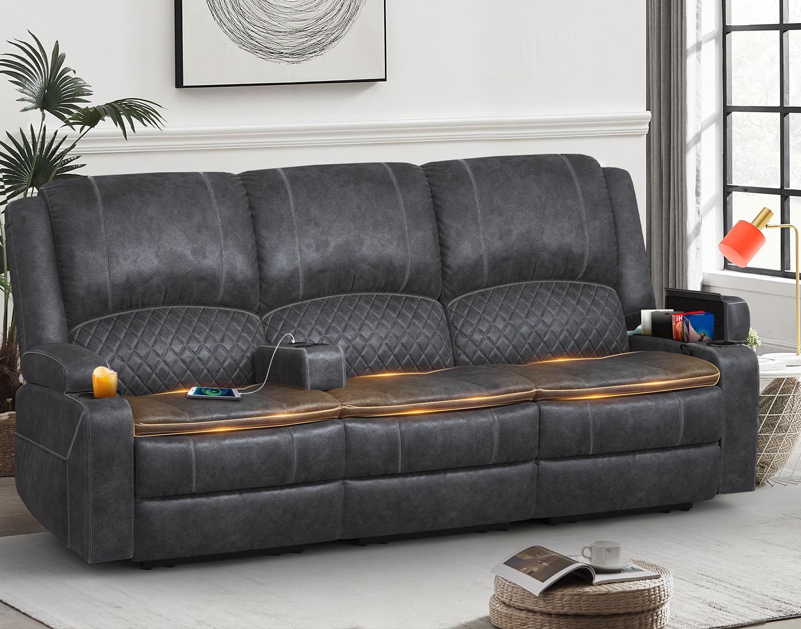 3 Seater Recliner Sofa Set with 2-Tier Cushion, 3+1 Pieces in Living Room, 3 Seater Reclining Couch Leather with Removable Console, 1 Oversize Recliner Chair Sofa Seat