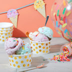 Juvale 100 Stück Papier-Eisbecher, 8 oz Einweg-Dessertschalen für Frozen Yogurt, Sundae-Bar, Party-Snacks und Leckereien, Goldfolie mit Polka-Dot-Design
