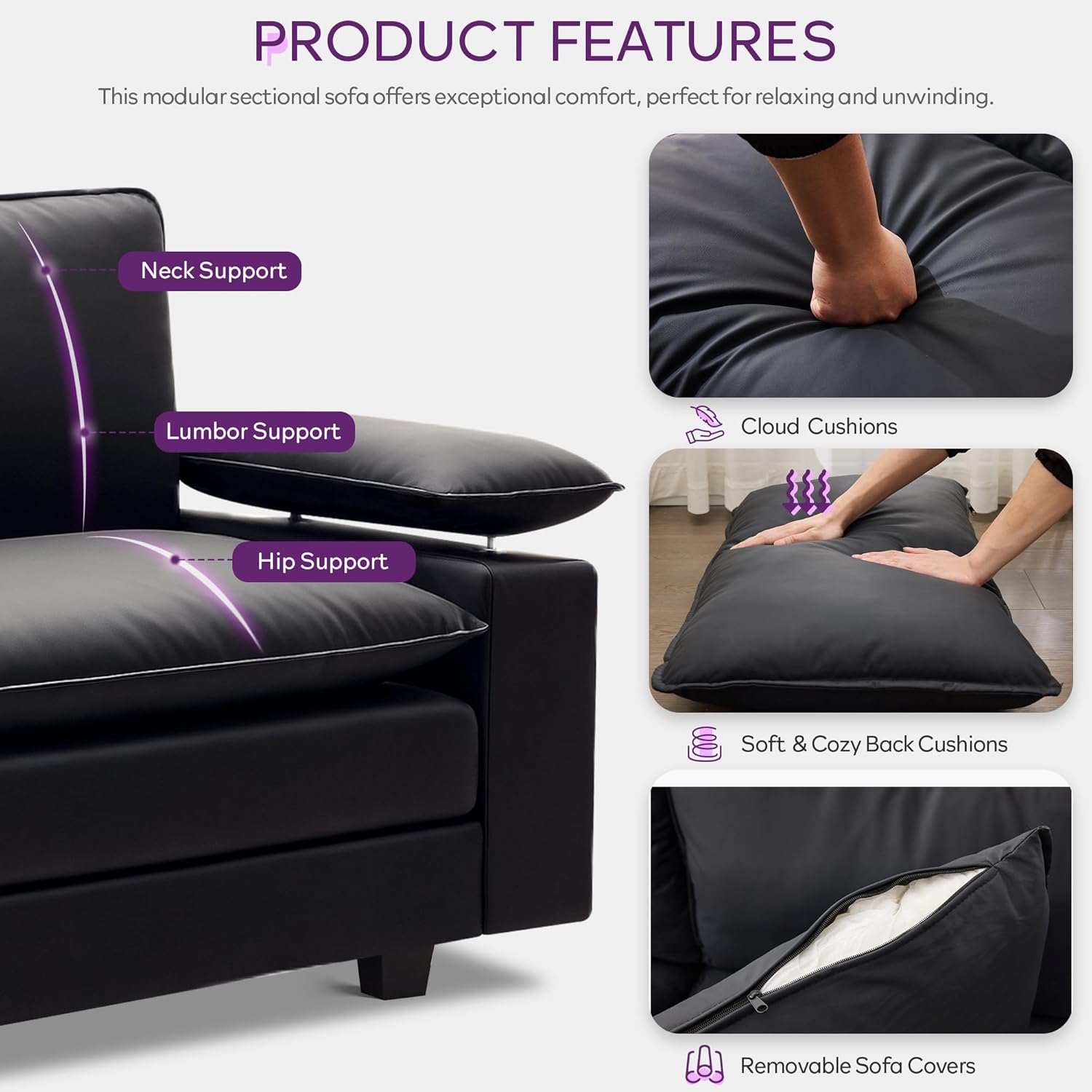 TYBOATLE 122'' Sofa Set for Living Room, Black Leather Sectional Couch with Chairs, Comfy Cloud Couch w/Adjustable Wider Armrest, Deep Seat Upholstered Modular Sofa for Office, Studio, Appartment