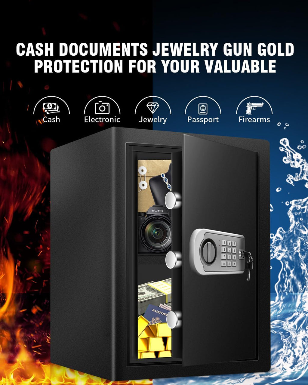 Cofre à prova de fogo e à prova d'água para uso doméstico 2.4 Cub, Cofre à prova de fogo com teclado digital, luz sensor e chave para hotel, escritório, dinheiro e documentos