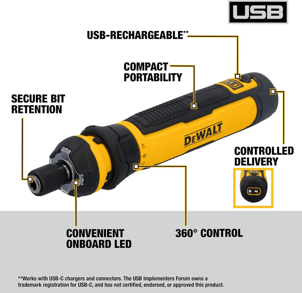 DEWALT Cordless Screwdriver USB Rechargeable with FLEXDRIVE Control and Screwdriver Bit Set, Electric Screwdriver Cordless with LED Light (DWHT66719)