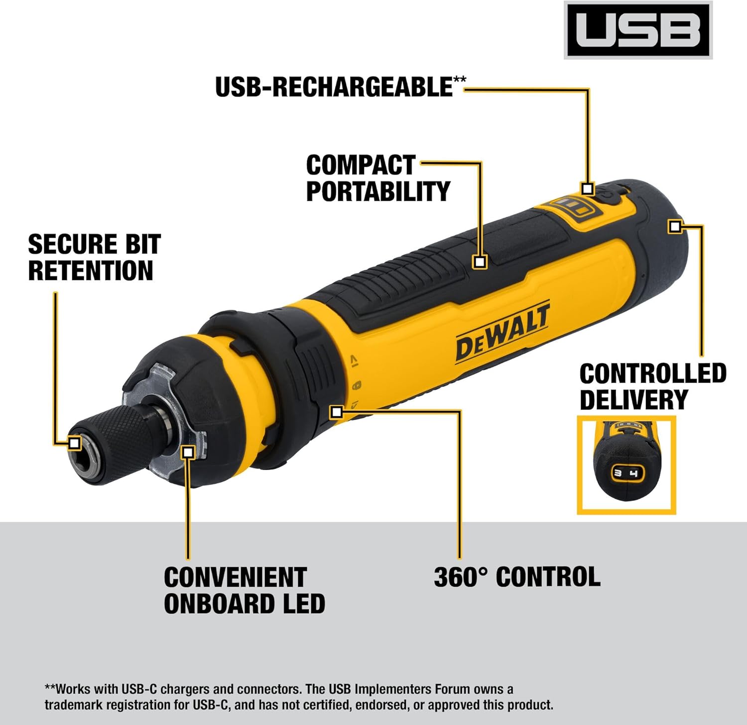 DEWALT Cordless Screwdriver USB Rechargeable with FLEXDRIVE Control and Screwdriver Bit Set, Electric Screwdriver Cordless with LED Light (DWHT66719)