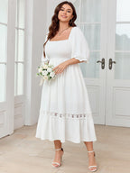 SCOMCHIC Women's Plus Size Maxi Dress Short Sleeve Square Neck Smocked Flowy A-Line Lace Trim Boho Wedding Guest Dresses White