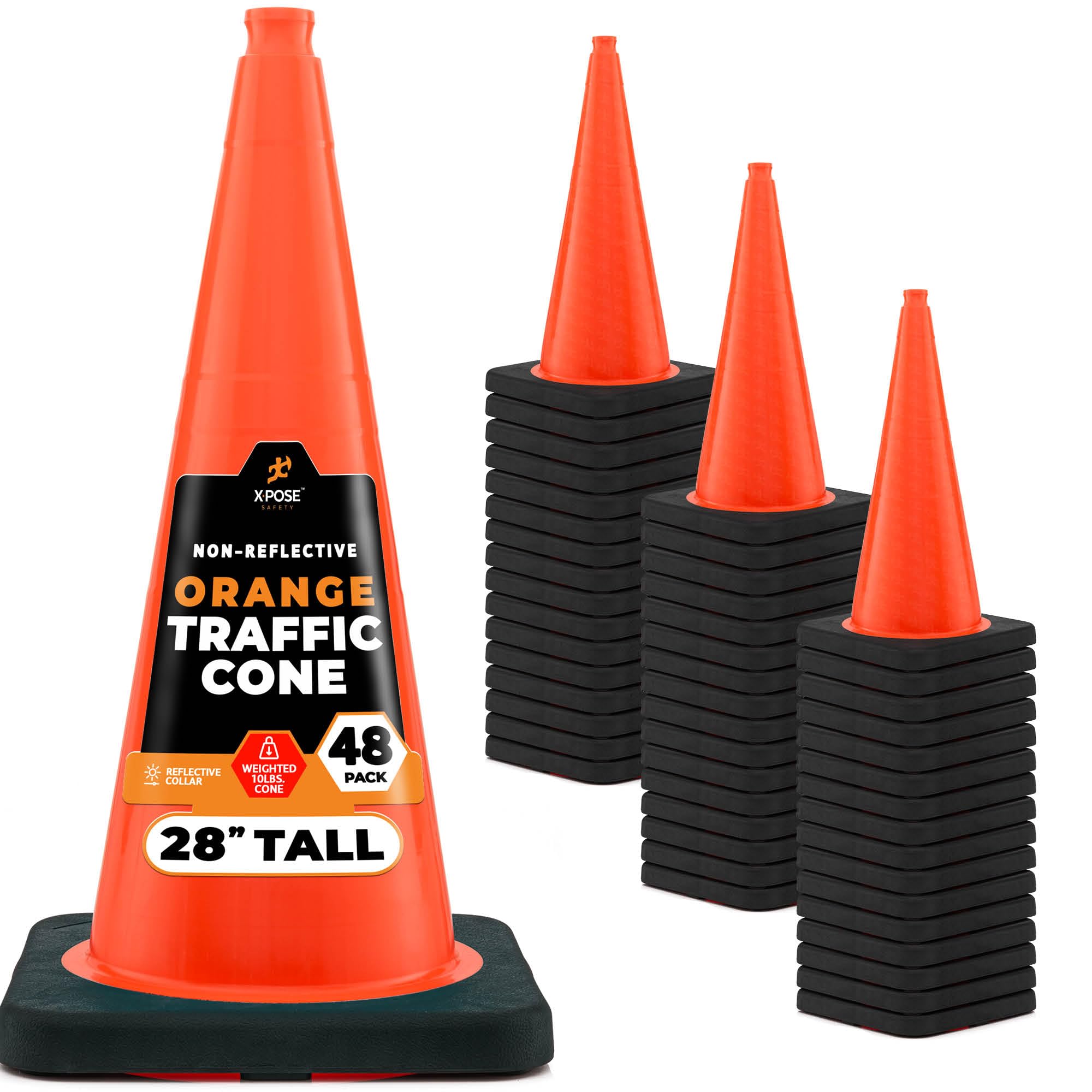Xpose Safety 28 Inch Orange Traffic Cones Heavy Duty 10lb, 24-Pack - Multipurpose PVC Plastic Safety Cone for Parking, Soccer, Caution, Kids and Construction - DOT Approved