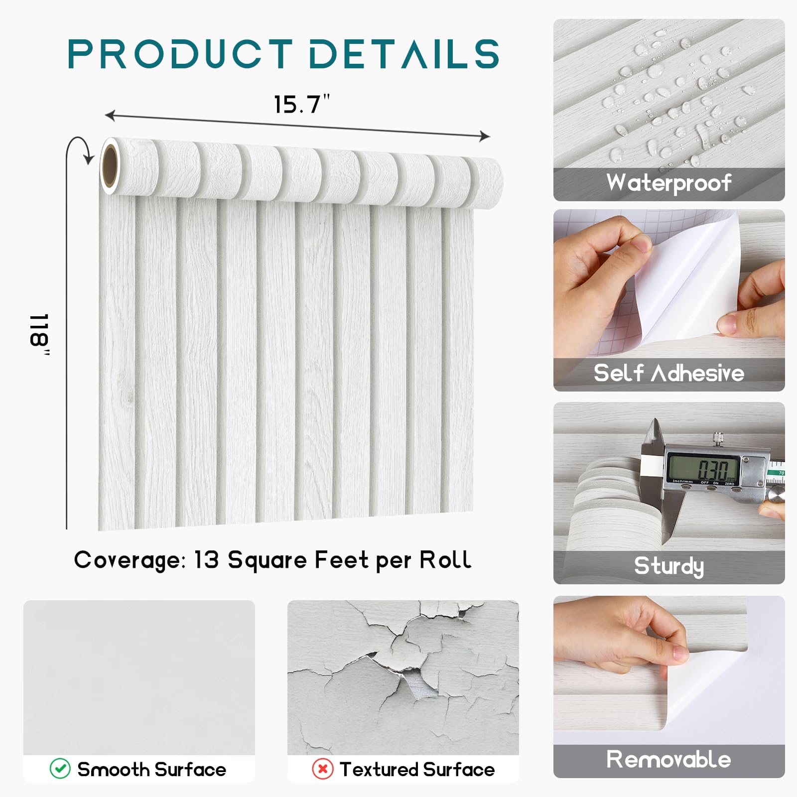 VEELIKE 15.7''x118'' Ahşap Şerit Yapışkan Duvar Kağıdı Beyaz Beadboard Duvar Kağıdı Banyo Yatak Odası için Su Geçirmez Çıkarılabilir Şerit Duvar Kağıdı Yapışkan Ahşap Temas Kağıdı Duvarlar, Tezgahlar, Dolaplar için