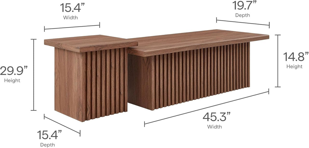 Modway Render Slatted Nesting Coffee Table Set in Walnut - 2 Piece Low Profile Coffee Table Mid Century Modern - Abstract Coffee Tables for Living Room - Nested Accent Tables