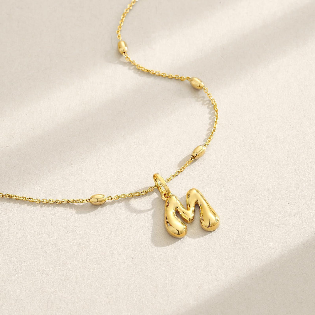 KissYan Bubble Letter Halskette, 14K vergoldet, personalisierter 3D puffiger Ballon-Anhänger mit verstellbarer Perlenkette, zierliches Schmuckgeschenk für Frauen (Gold A)