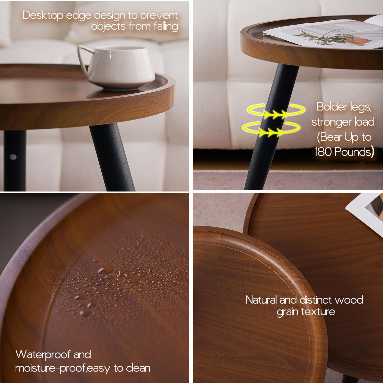 2-Piece Walnut Coffee Table,Durable Mid Century Small Round Coffee Tables for Living Room,Easy Assembly Modern Nesting Coffee Tables Set,Circle Side Tables for Sofa Bedside Balcony