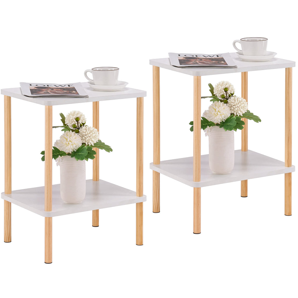 Apicizon 2 Tier End Table, Small Side Table with Solid Wood Legs, Boho Bedside Table with Storage Shelf, Nightstand for Small Spaces, Bedroom, Living Room, Entryway, Farmhouse, Easy Assembly, Natural