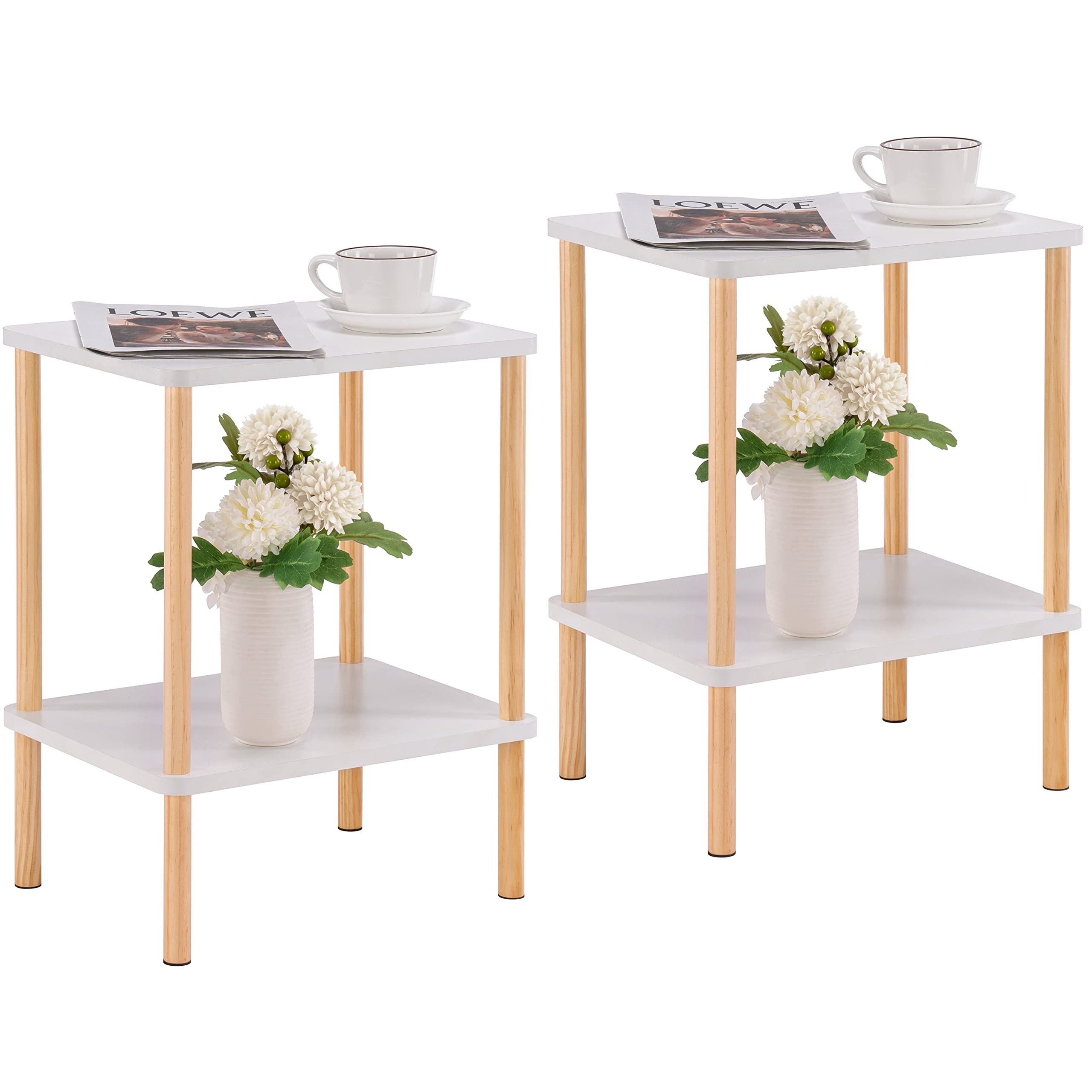 Apicizon 2 Tier End Table, Small Side Table with Solid Wood Legs, Boho Bedside Table with Storage Shelf, Nightstand for Small Spaces, Bedroom, Living Room, Entryway, Farmhouse, Easy Assembly, Natural