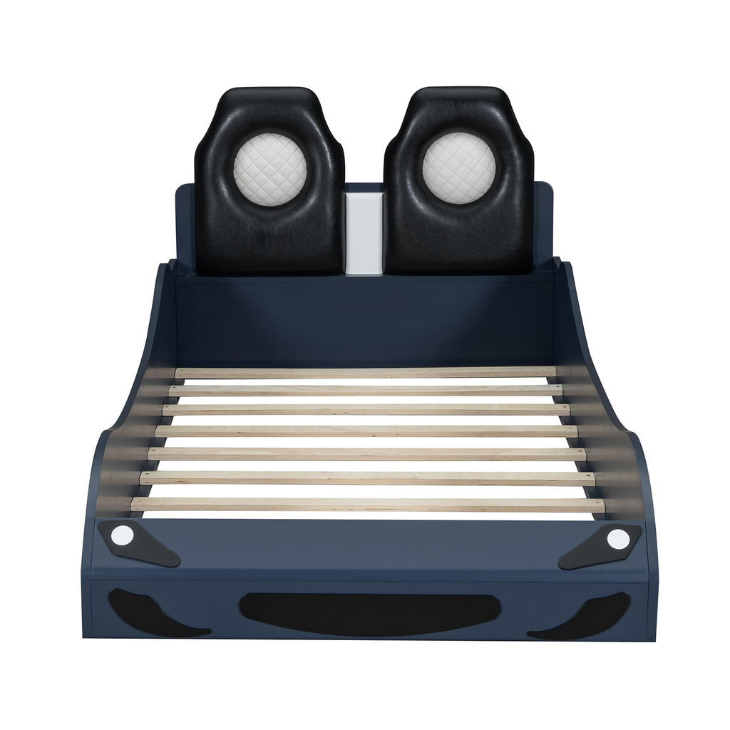 Harper & Bright Designs Twin Size Race Car Seng med LED og Polstret Ryglæn, PU Bilformet Platformsseng med Hjul, Trælisteunderstøttelse, Ingen Boksmadras Nødvendig, Blå