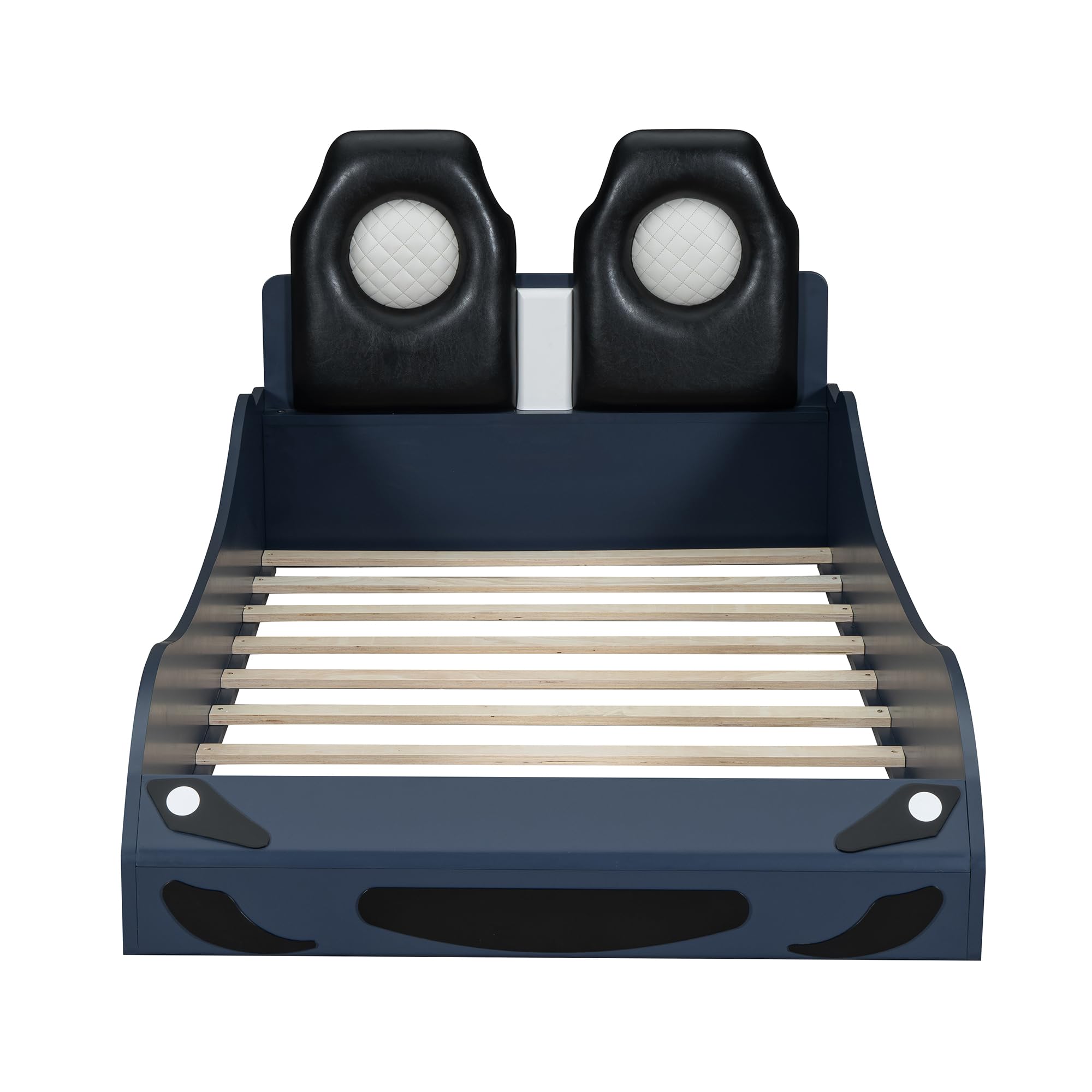 Harper & Bright Designs Twin Size Race Car Seng med LED og Polstret Ryglæn, PU Bilformet Platformsseng med Hjul, Trælisteunderstøttelse, Ingen Boksmadras Nødvendig, Blå