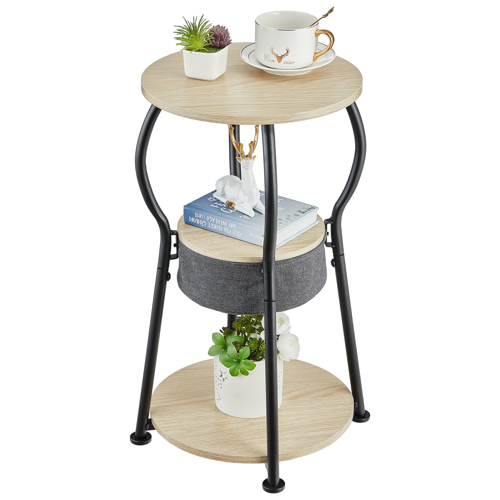Small Round Side Table with Storage Bag, 3-Tier Accent Round End Table with Four Storage Functions for Living Room, 21.6" H Vintage Smalls Corner Table for Small Spaces Nightstand Bedroom