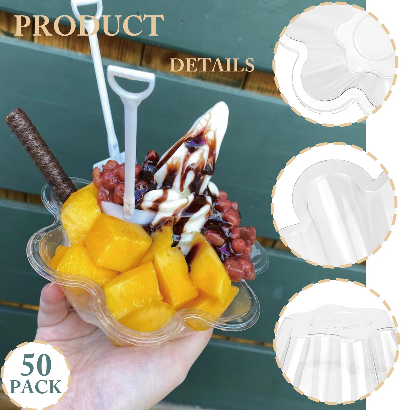 Legredic 50 Stück 8oz Plastik-Dessertbecher mit Löffeln, klare, blumenförmige Eisschalen, Party-Sundae-Servierschalen, Parfait-Vorspeisenbecher für Eis, Nüsse und Salat