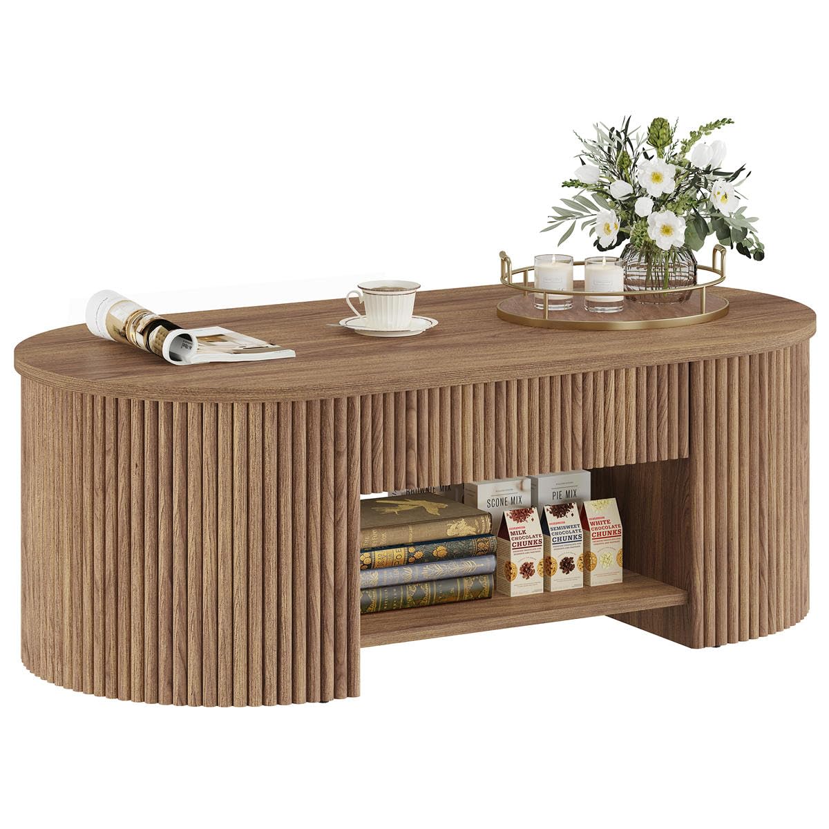 FATORRI Round Coffee Table with Storage, 31.5 Inch Modern Fluted Center Table, Woodern Accent Coffee Tables for Living Room, Black