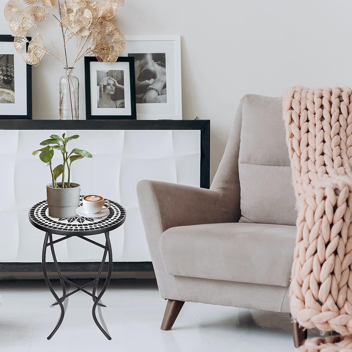 Vipush Mosaic Patio Side Table Outdoor Accent Table Bistro Coffee Table Plant Stand Indoor Folding Round End Table for Small Porch Balcony Backyard,Black