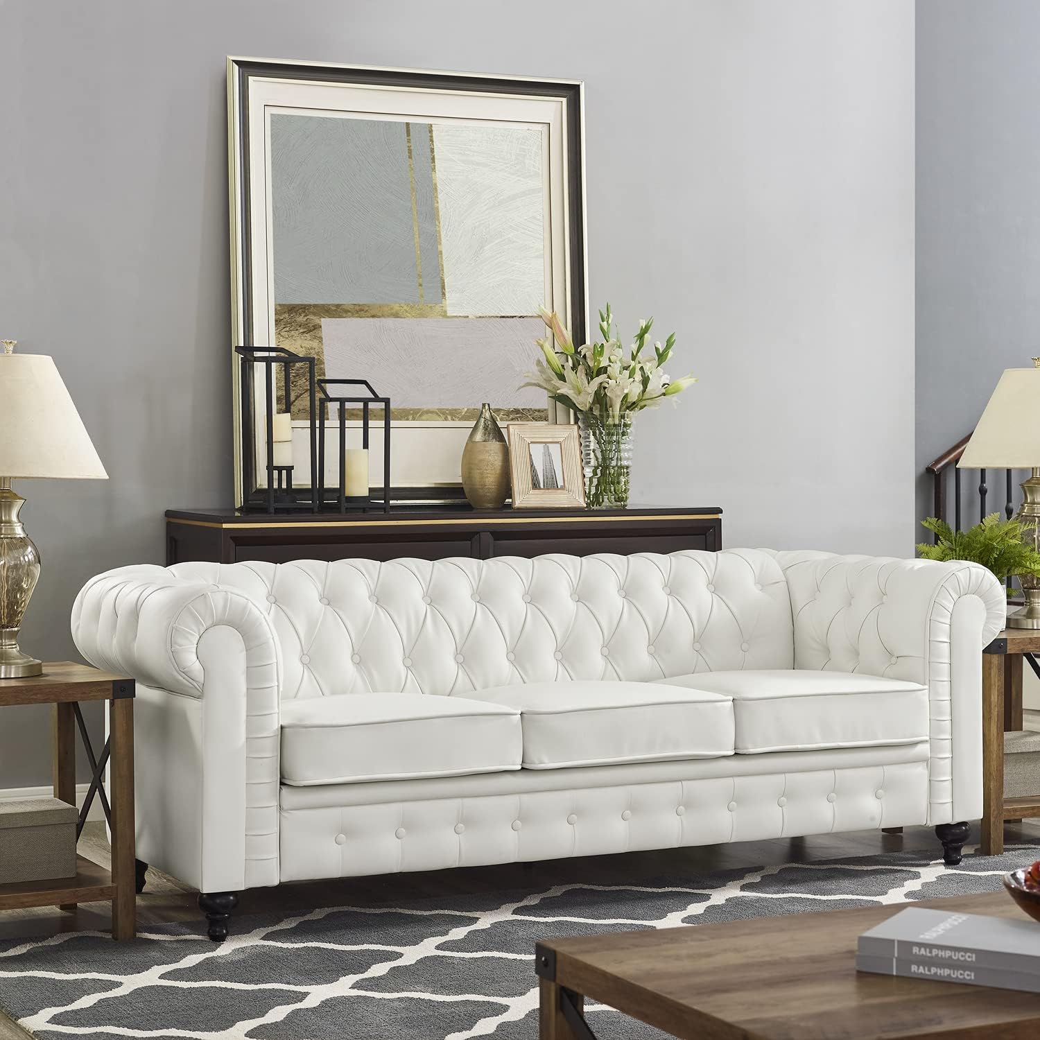 Naomi Home Emery Chesterfield Sofa with Rolled Arms, Tufted Cushions / 3 Seater Sectional Sofa Couch for Small Spaces, Living Room, Bedroom, Apartment Easy Tool-Free Assembly – Off White
