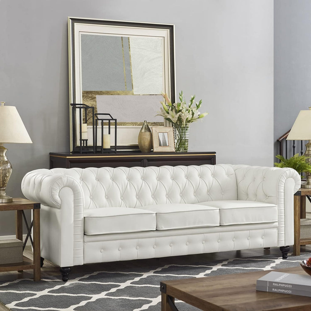 Naomi Home Emery Chesterfield Sofa with Rolled Arms, Tufted Cushions / 3 Seater Sectional Sofa Couch for Small Spaces, Living Room, Bedroom, Apartment Easy Tool-Free Assembly – Off White