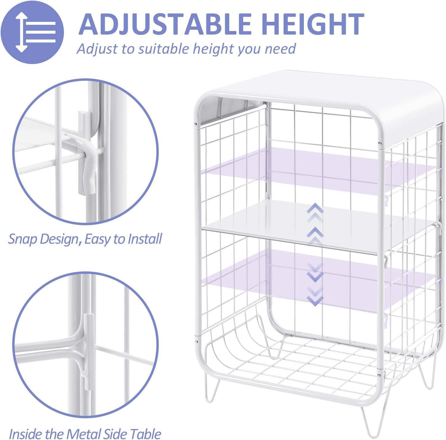 APEXCHASER Cute Nightstand,Metal Side Table,3 Tier End Table with Storage,Vintage Bedside Table,Girls Bedroom Furniture,Coffee Table for Living Room,Bedroom,Dorm,White