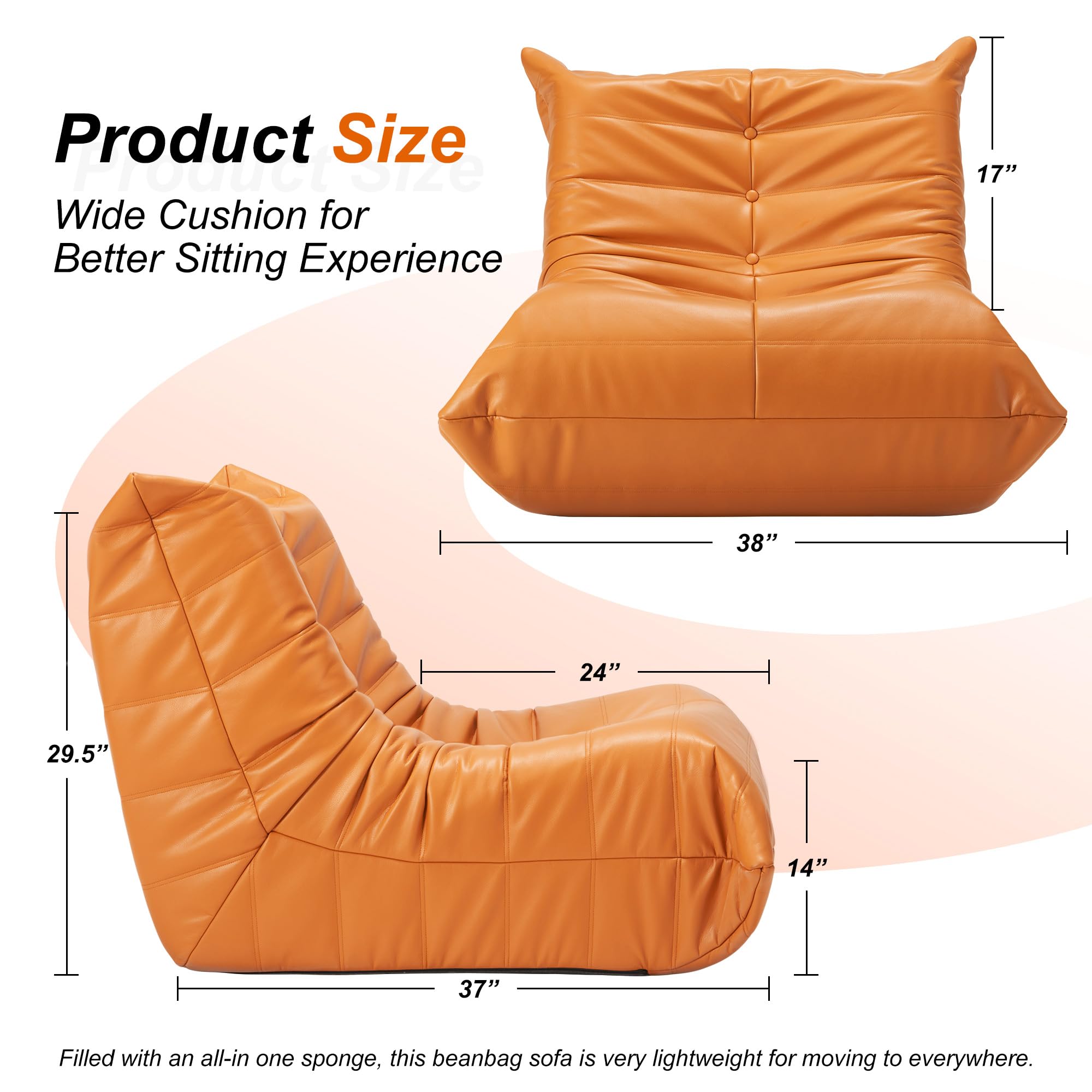 Hobestluk Bælgpose Stol Kæmpe Bælgpose Sofa Memory Foam Bælgpose Sofaer til Voksne, Læder Bælgpose Stole til Stue Soveværelse Kollegieværelse Kontor (Orange)