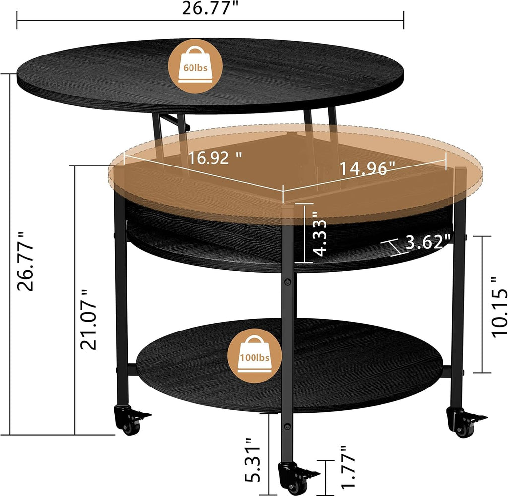 Mid Century Black Coffee Table, 26.77” Lift Top Coffee Table with Removeable Wheels, Hidden Compartment and Open Shelf, Wood Lift Tabletop Central Dining Table for Living Room, Home Office