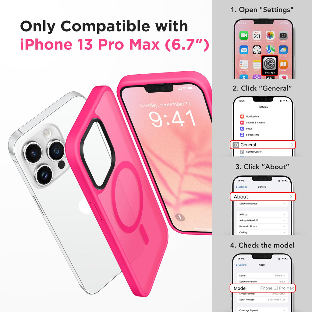 GONEZ iPhone 13 Pro Max用マグネットケース、MagSafe対応、[Military-Grade Drop Protection][Anti-Fingerprint] スリム半透明マットバック衝撃吸収電話保護ケース（ホットピンク）