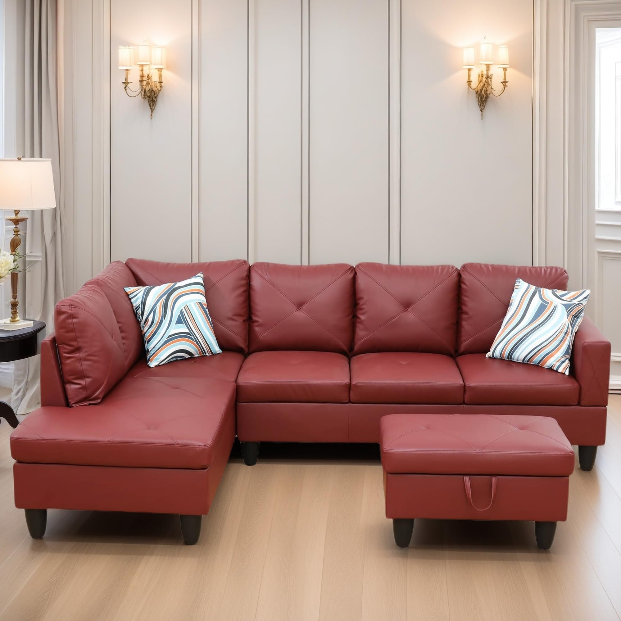 Leather Sectional Couch, Modern L Shaped Couches for Living Room, Comfy 4 Seat Modular Sectional Sofa with Ottoman Storage for Bedroom Apartment, Black