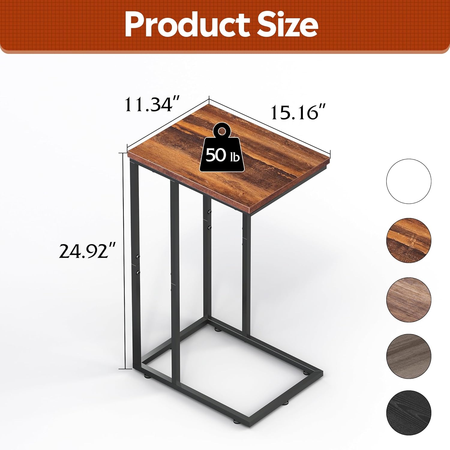 WLIVE Side Table, C Shaped End Table for Couch, Sofa and Bed, Large Desktop C Table for Living Room, Bedroom, Retro Brown and Black