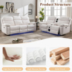 Power Recliner Sofa Set for Living Room, 3 Seater Faux Leather Reclining Couch Sofa, Home Theater Love seat Sets with Bass Speaker, Loveseat Recliner with Cup Holder, USB Port, LED Lights, White