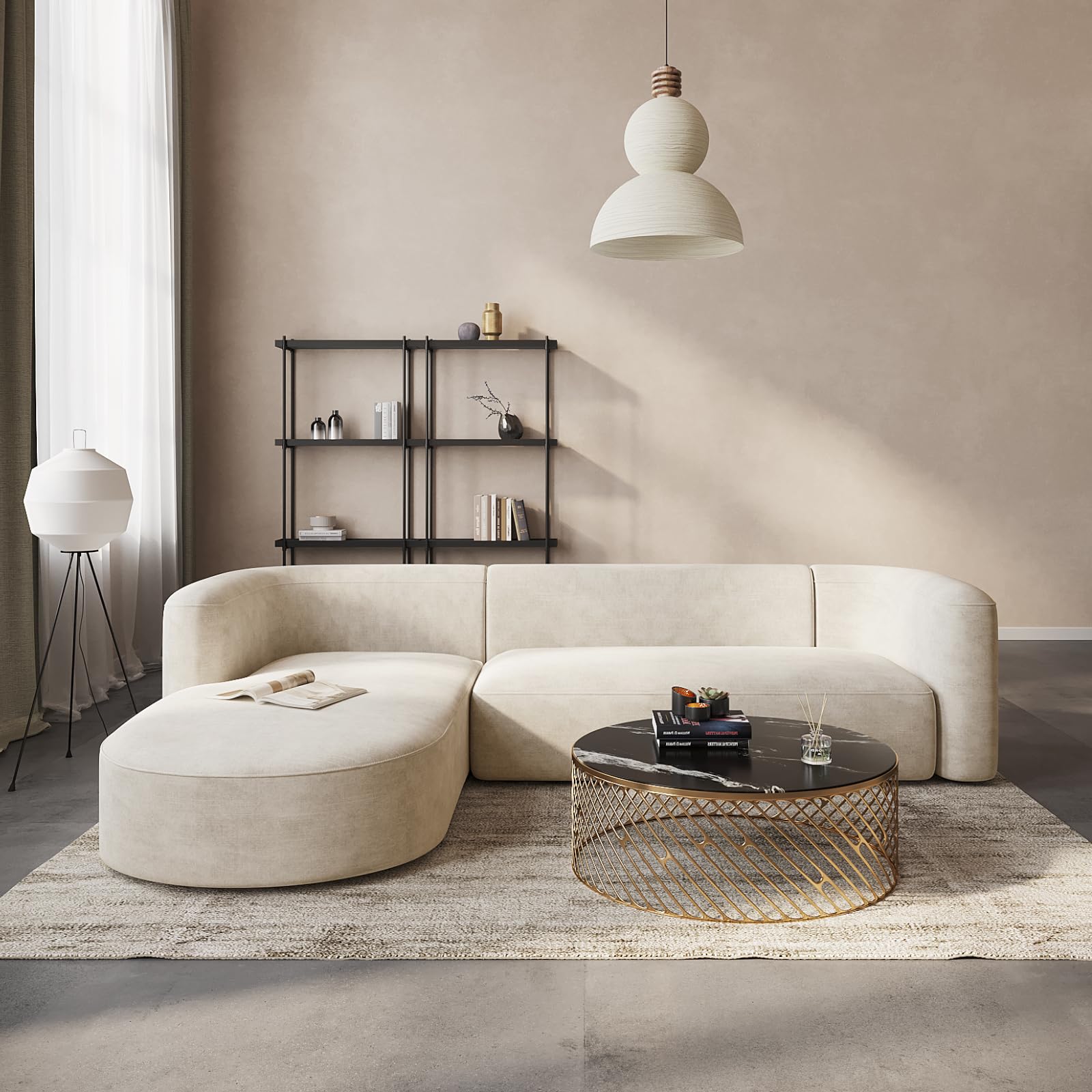 Acanva Luxury Modern Tight Curved Back Velvet Sofa, Minimalist Style Comfy Couch for Living Room Apartment, L-Shape Left Chaise, Tangerine