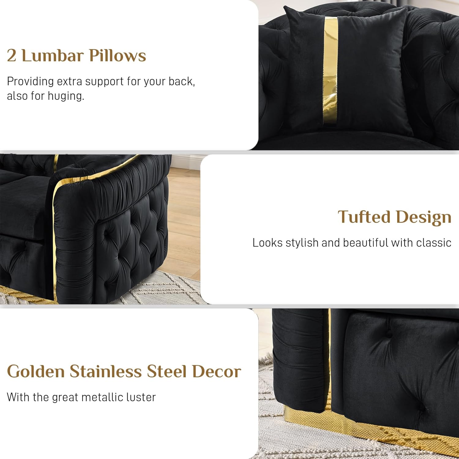 Mid Century Modern Chesterfield Sofa Couch, 90.6" Velvet Couch Black and Gold Sofa Luxury Loveseat for Living Room, Tufted Sofas with 2 Pillows & Classic Golden Decor, Jet Black