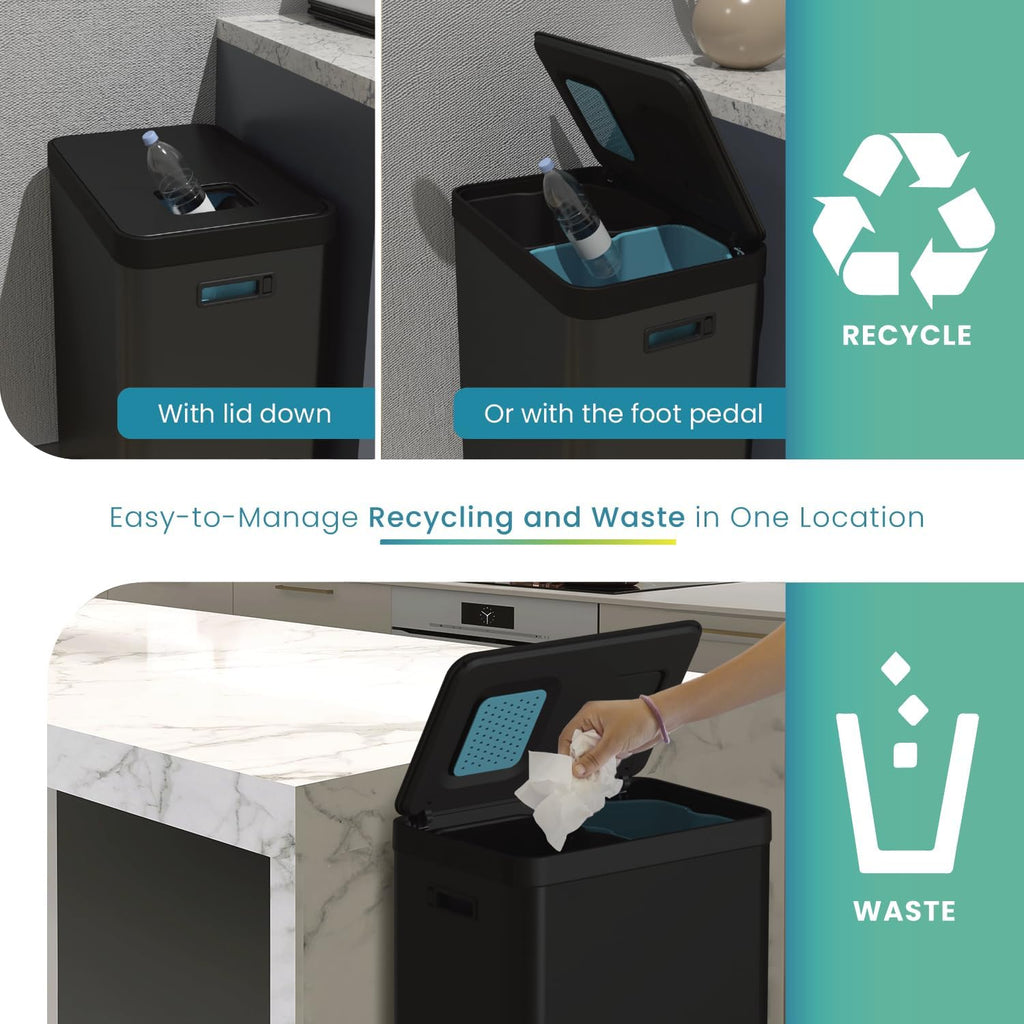 Home Zone Living 19 Gallon Kitchen Trash Can with Dual Compartments for Recycling, CleanAura Odor Control, Stainless Steel, Matte Black, 70 Liters Total