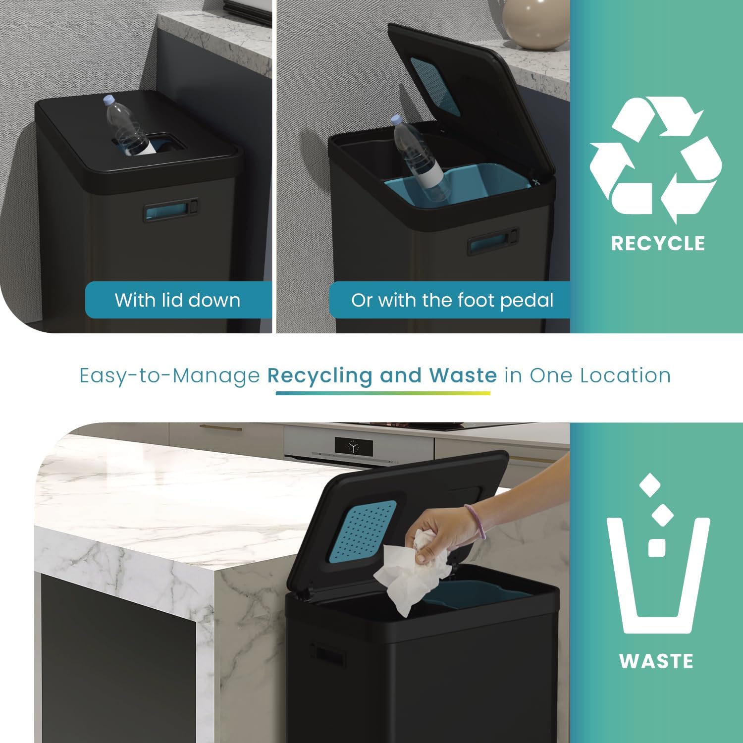 Home Zone Living 19 Gallon Kitchen Trash Can with Dual Compartments for Recycling, CleanAura Odor Control, Stainless Steel, Matte Black, 70 Liters Total