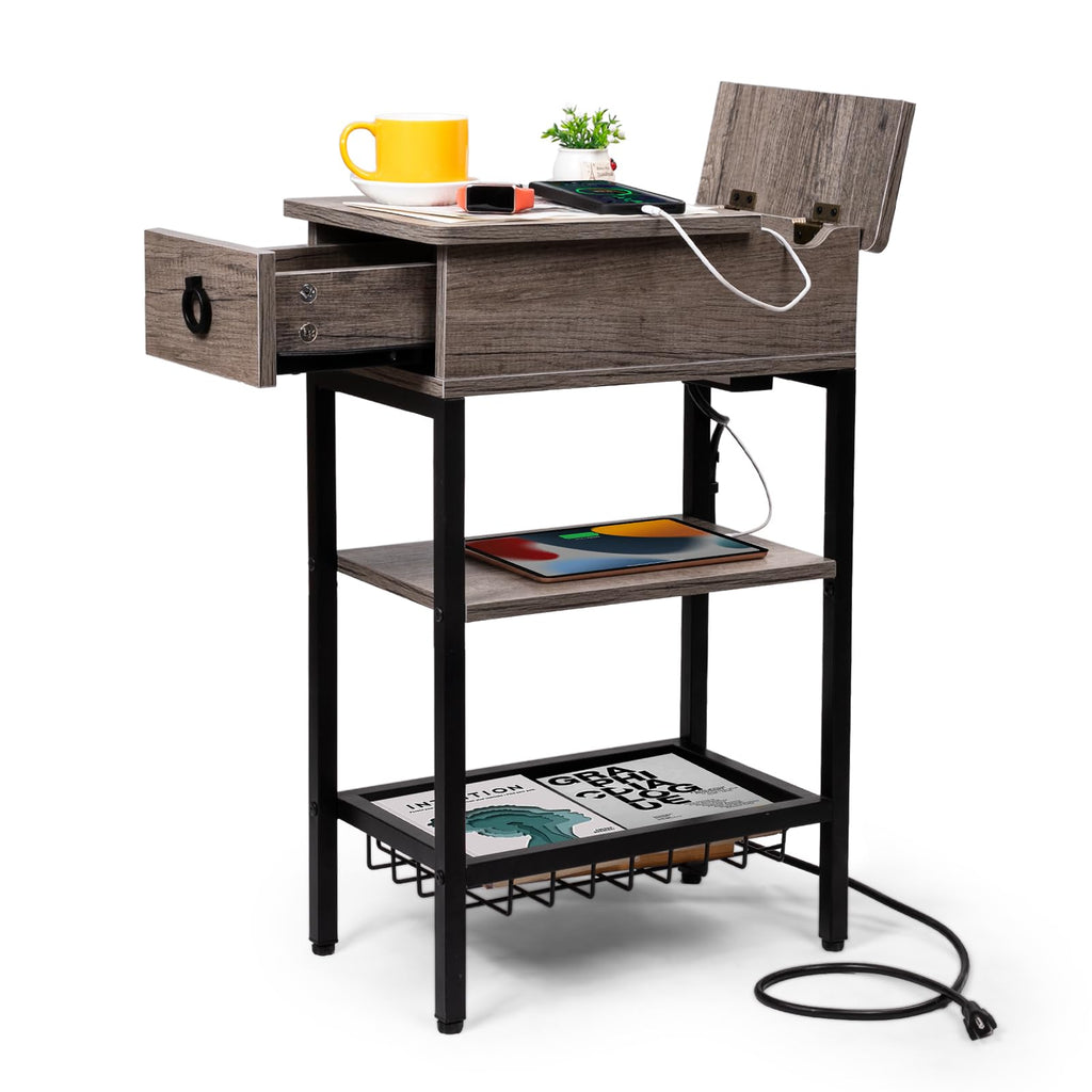 Small Black Side Table Charging Station for Bedroom, Narrow Black Living Room End Tables with Storage, Skinny USB Nightstand with Outlet, Gaming Coffee Table for Couch with USB Ports