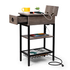 Small Black Side Table Charging Station for Bedroom, Narrow Black Living Room End Tables with Storage, Skinny USB Nightstand with Outlet, Gaming Coffee Table for Couch with USB Ports