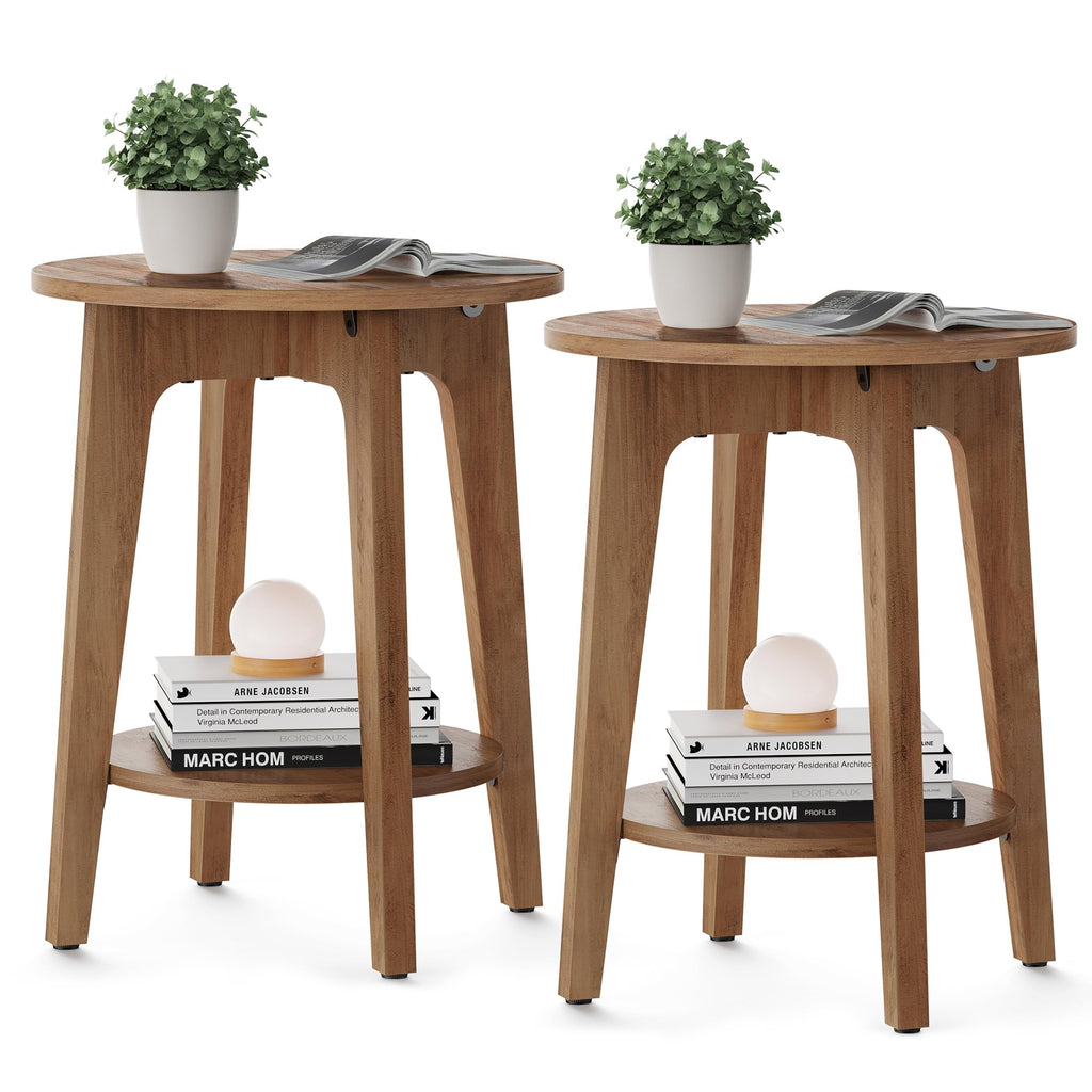 VASAGLE Side Table, Small Round End Table with Lower Shelf, Nightstand for Small Spaces, Living Room, Bedroom, Rustic Walnut ULET283T41
