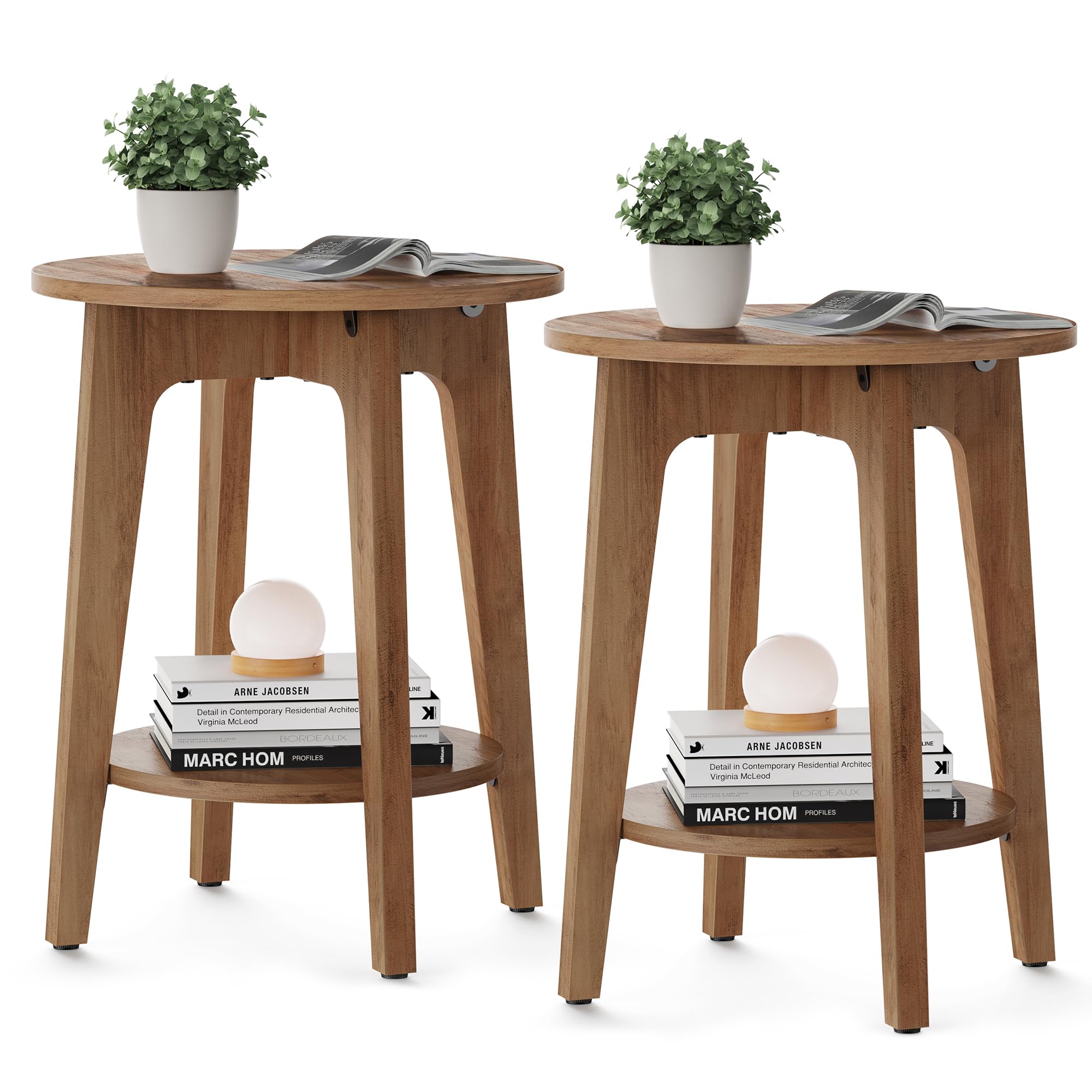 VASAGLE Side Table, Small Round End Table with Lower Shelf, Nightstand for Small Spaces, Living Room, Bedroom, Rustic Walnut ULET283T41