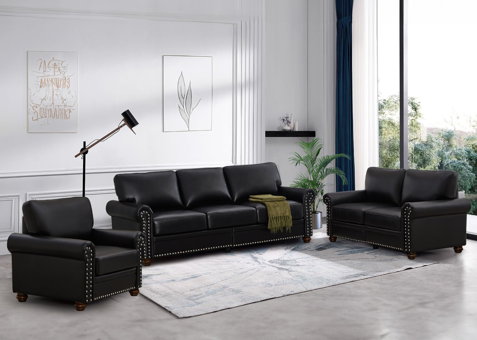 3 Piece Faux Leather Sofa Set,Mid Century Modern Couch and Loveseat Sets with Storage,Comfy Deep Seat Sofa with Nailhead Trim & Rolled Arm for Living Room,Office(Armchair+Loveseat+3 Seater,Navy Blue)