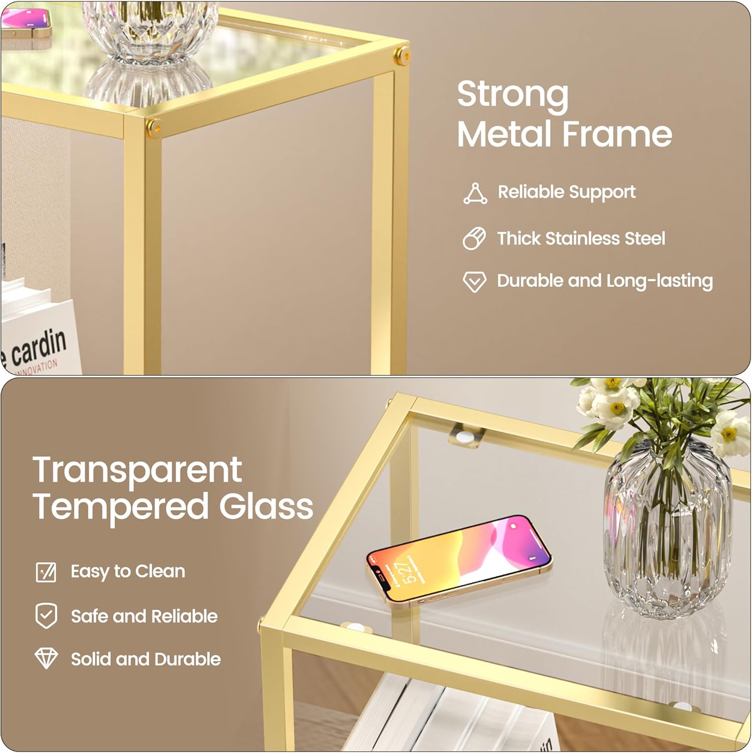 Gold Side Table, Tempered Glass End Table, 2-Tier Nightstands with Open Shelves, Small Coffee Table with Modern Style, Accent Table Small Table Sofa Table for Living Room, Bedroom