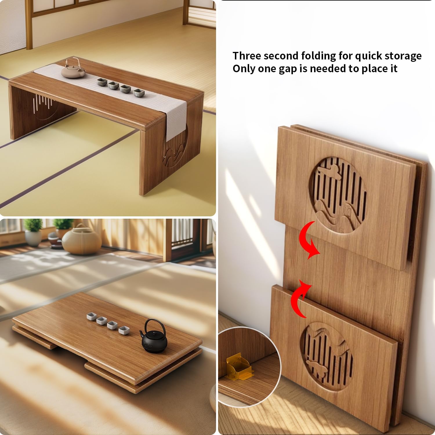 Japanese Folding Coffee Table, Foldable Low Coffee Tables, Bamboo Floor Table Desk for Sitting on The Floor, No Assembly, Portable Living Coffee Table (39.4 Inch)