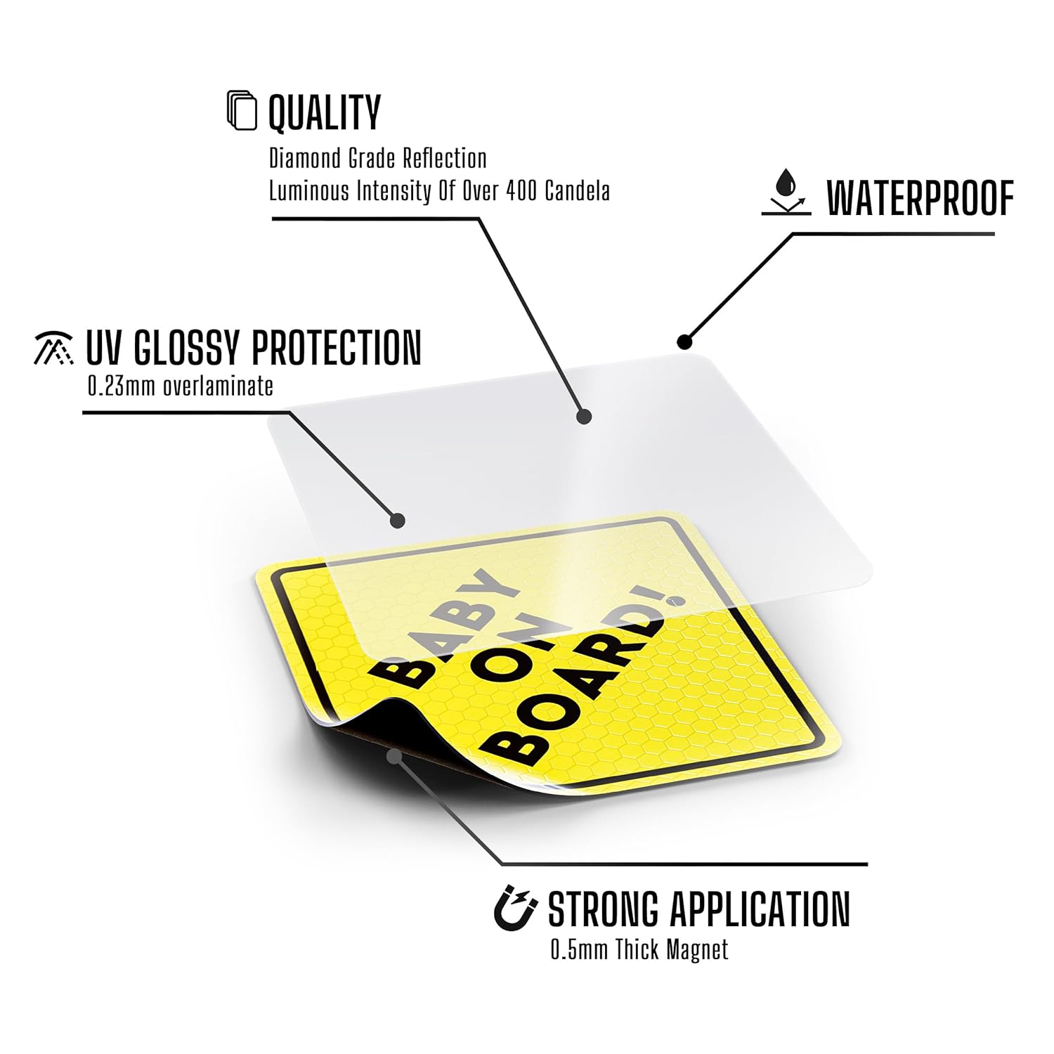 Baby On Board MAGNET Sign for Car - 2 Pack, 5" by 5" - Essential Magnetic Sticker for Bumper - Bright Yellow and Reflective - Best Safety Sign Accessories for Cars