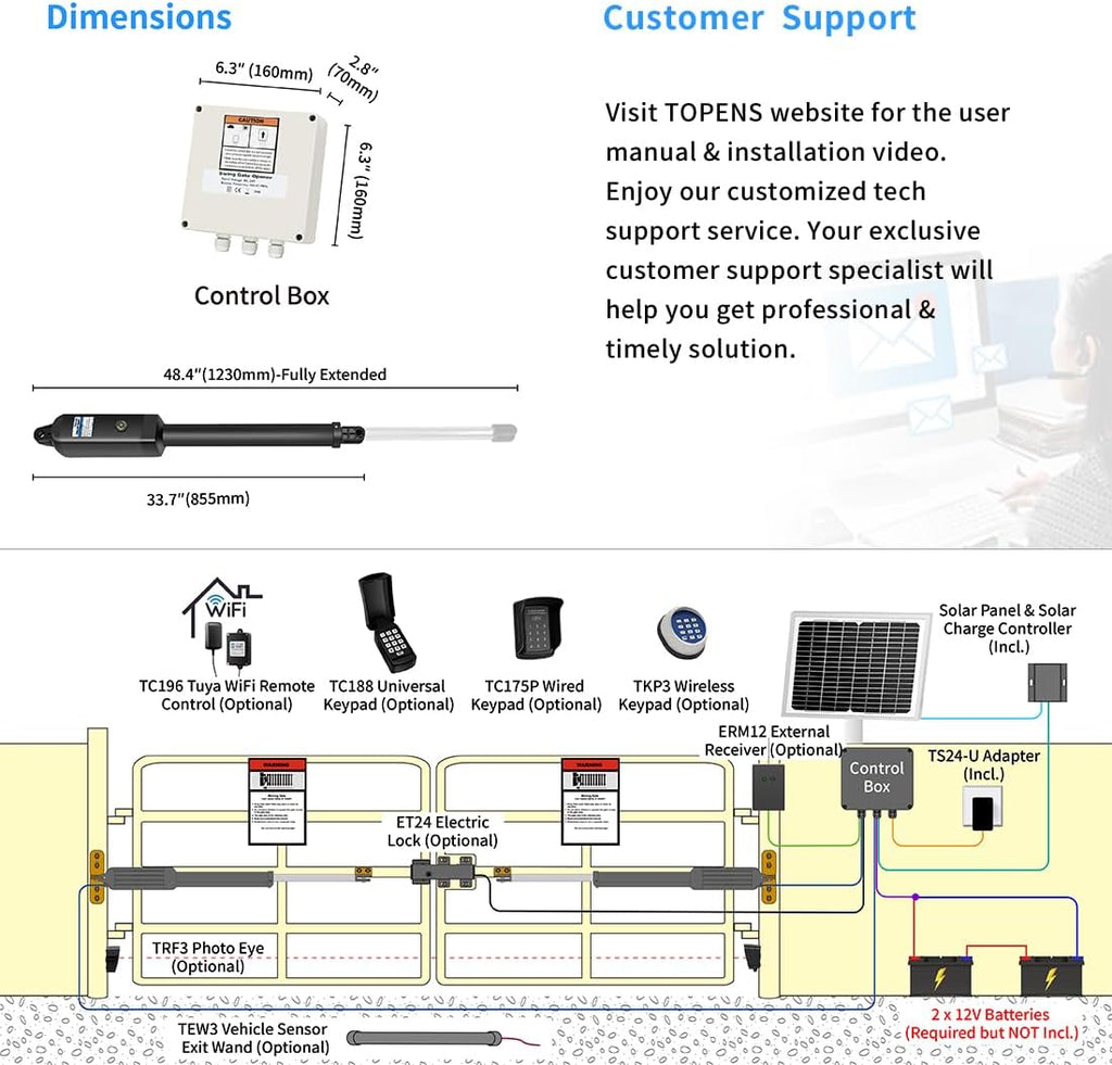 TOPENS AD8S Automatic Solar Gate Opener for Heavy Duty Dual Swing Gates Up to 18ft per Arm, Dual Swing Gate Operator Battery Powered with Remote Control Kit Gate Motor Solar Panel Included