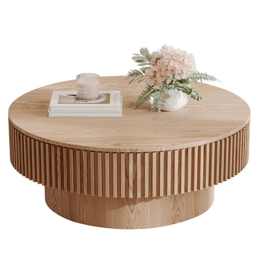 LKTART Round Coffee Table for Living Room, Accent Fluted Drum Coffee Table with Storage, Modern Solid Wood Veneered Circle Center Tea Table for Small Space Apartment (31.5''D×14''H-Natural)