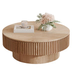 LKTART Round Coffee Table for Living Room, Accent Fluted Drum Coffee Table with Storage, Modern Solid Wood Veneered Circle Center Tea Table for Small Space Apartment (31.5''D×14''H-Natural)