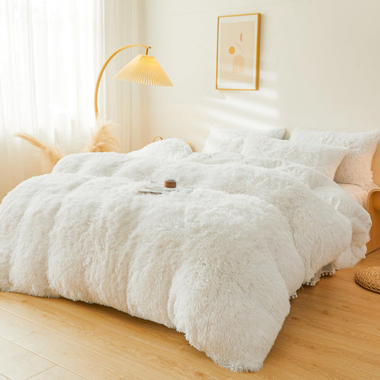 Fluffy Pink Faux Fur Comforter Cover Set，Fluffy Fuzzy Plush Pink Bedding 3Pcs (1 Faux Fur Duvet Cover +2 Fuzzy Pillowcases) Pink Fluffy Bed Set (Pink, Queen)